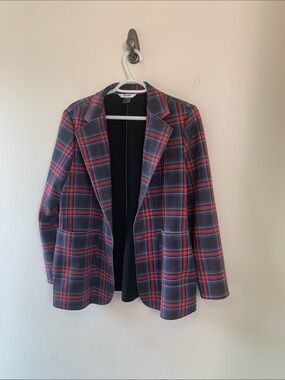 TanJay Plaid Open-Front Blazer in Red and Blue 4 Season Stretch Pockets